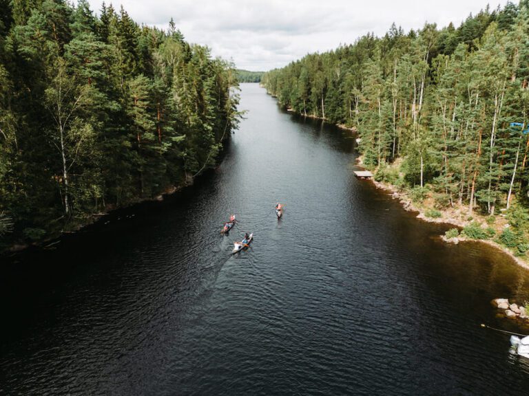 Luftaufnahme von Kanus, die durch ein grünes Seengebiet in Nordmarken Värmland fahren, die schönste Region für einen Kanutrip in Schweden.